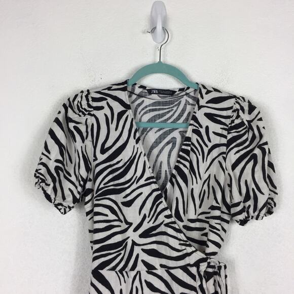 Zara Zebra Print Puff Sleeve Linen Wrap Mini Dress Small - Picture 4 of 14